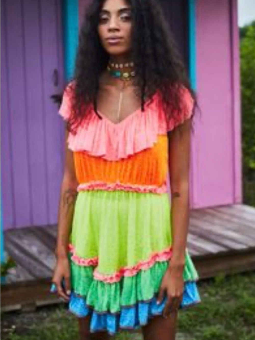 PITUSA Neon Rainbow Ruffle Mini Dress Cover Up